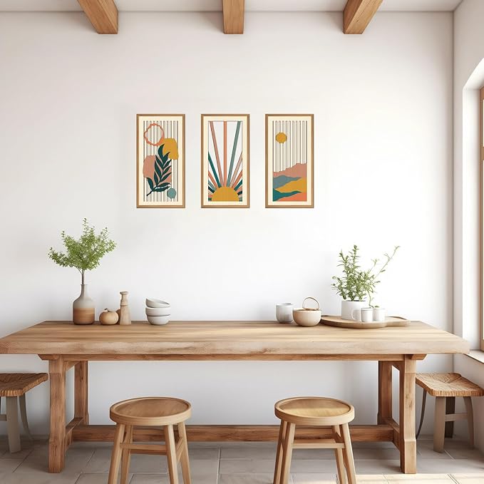 IARTTOP Boho Sunrise Wall Art Framed Set of 3 Mid Century Modern Wood Wall Decor Sage Green Minimalist Botanical Abstract Geometric Art Prints for Living Room Bedroom Office 8 x16Inch