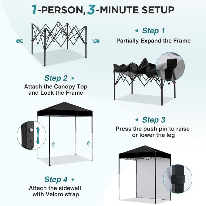 EAGLE PEAK 6x4 Instant Pop Up Canopy Tent with 1 Side Wall Panel, Straight Leg Sun Shelter, Portable Canopy with Carry Bag for Camping, Beach & Sports, Black