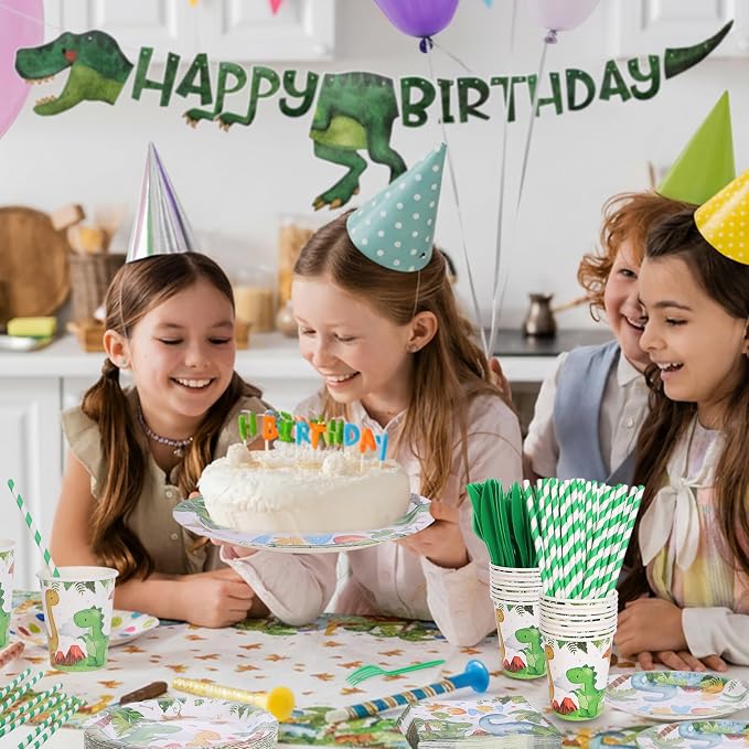 194 Pcs Dinosaur Birthday Party Supplies Dinosaur Paper Plates Napkins Cups Forks Tablecloth Banner Baby Shower Decorations Tableware Theme Serve 24