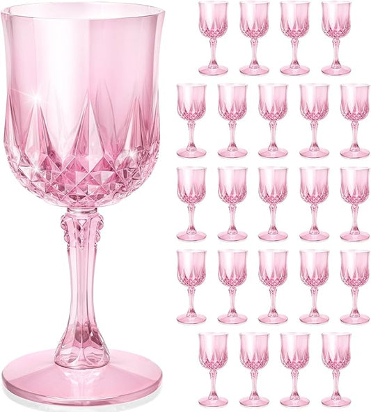 Plastic Wine Glasses, Disposable Plastic Goblets 7.1oz for Wedding Party Holiday, Unbreakable Wine Cups with Stem Vintage for Champagne, Juice, Cocktail (24pcs Pink)