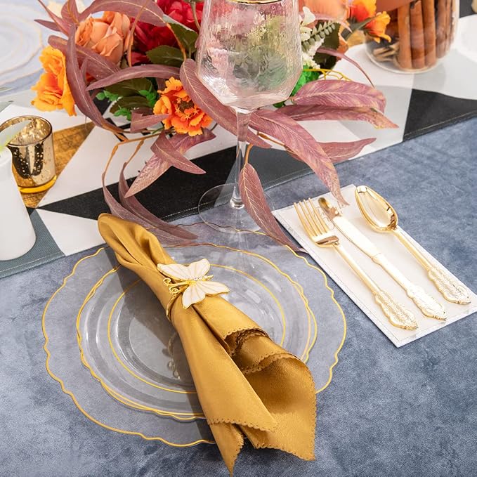 YOUBET 125PCS Gold Plastic Plates - Clear Gold Disposable Plates - 25 Guests Baroque Plastic Dinnerware Includes 25Dinner Plates, 25Dessert Plate, 75Silverware for Party & Wedding