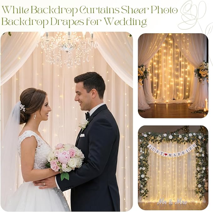 5 Pcs Just Married Decorations Kit, All-in-one Wedding Decor with White Tulle Backdrop with Lights, Mr and Mrs Sign, 2 Flower Garlands, Wedding Banner for Reception, Party (10 x 8ft)
