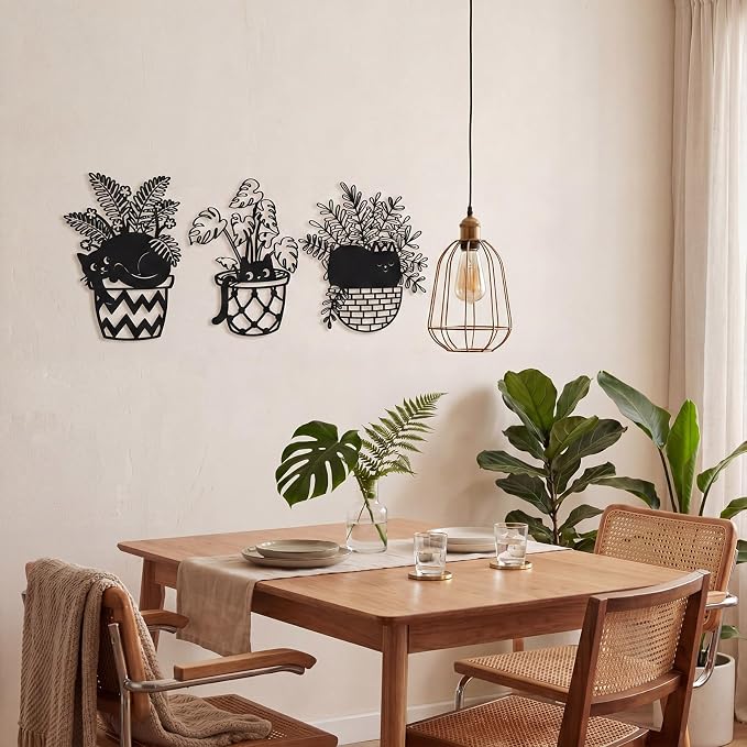 Fiwochic 3 Pcs Black Cat Metal Wall Decor Cute Blakc Cat Botanical Wall Art Leaves Art Potted Plant Decoration for Cats Lover Minimalist Room Living Room Patio Decor Gift