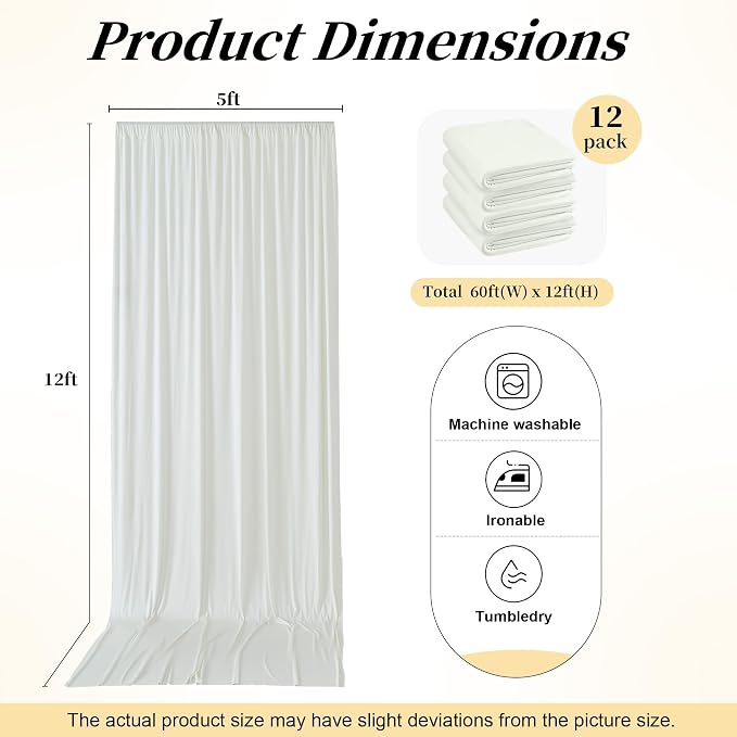 60ft x 12ft Wrinkle Free Ivory Backdrop Curtains for Parties, 12 Panels 12FT Long Silky Polyester Photo Backdrop Drapes Back Drop Cloth for Wedding Birthday Photography Background Decor