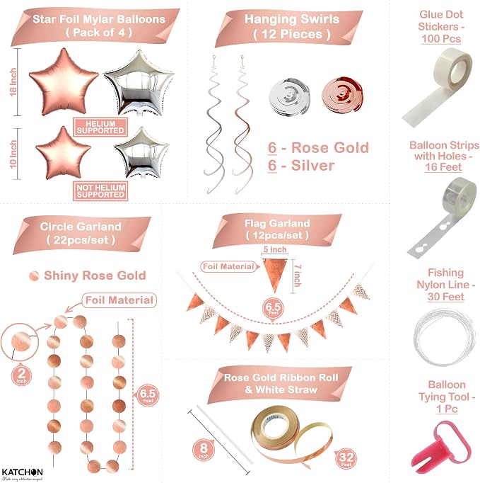KatchOn, Rose Gold Birthday Decorations Set - Huge Pack of 145 | Rose Gold Fringe Backdrop, Balloons, Garland for Birthday Decorations, Graduation Decorations 2026 | Graduation Eve Party Supplies