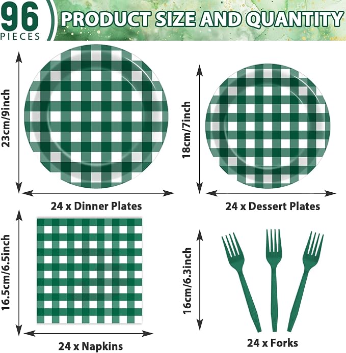 96Pcs Green Gingham Party Decorations Green and White Checkered Birthday Themed Tableware Gingham Plaid Plates Napkins Forks Picnic BBQ Dinnerware Supplies for Baby Shower Birthday Serves 24 Guests