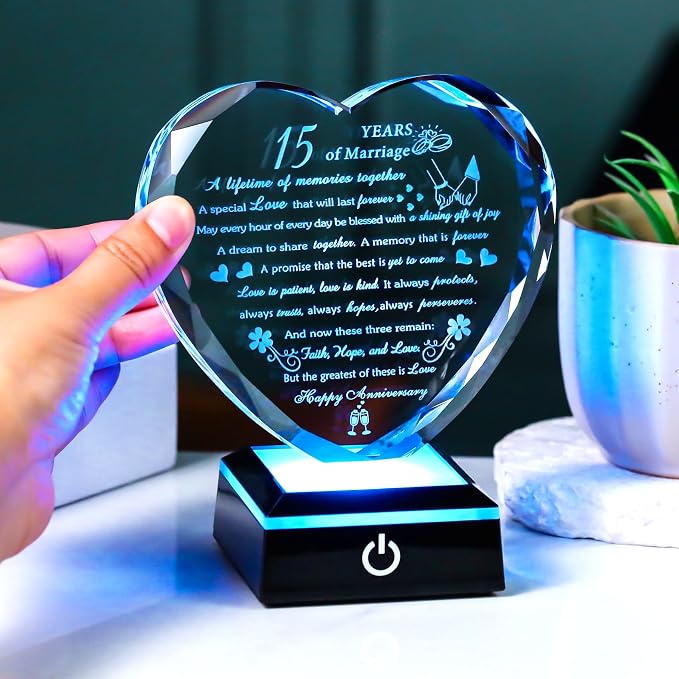 15th Wedding Anniversary Crystal Gifts for Couples with Colorful LED Base,Happy 15th Wedding Anniversary Keepsake Gifts for Her Him, Romantic 15 Years of Marriage Heart Gift for Wife Husband