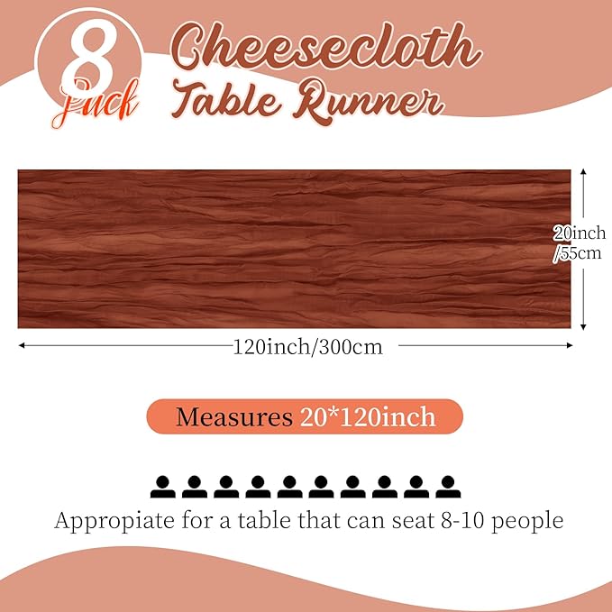 8 Pack Terracotta Cheesecloth Table Runners 20x120 Inch Gauze Table Runner Cheese Cloth 10FT Terracotta Table Runner Rustic Sheer Runner for Wedding Baby Shower Birthday Party Table Decor