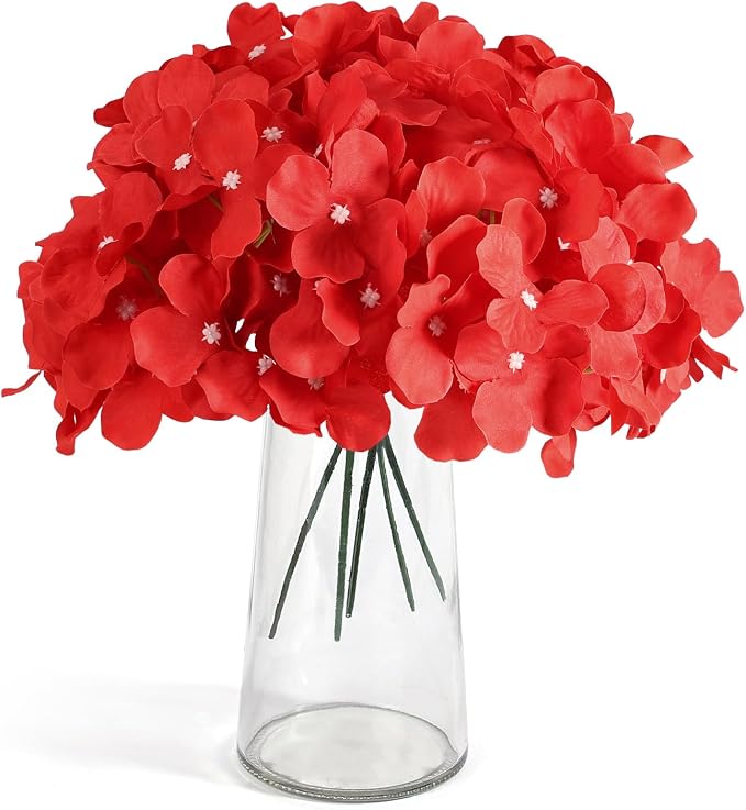 Auihiay 64pcs Hydrangea Artificial Flowers, Red Fake Hydrangea Flowers with Stems, Artificial Hydrangea Flowers for Wedding Centerpieces, Home Garden Party Decoration (Red)