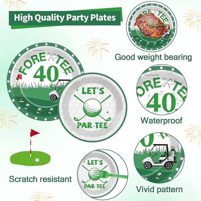 96Pcs Golf 40th Birthday Party Decorations Golf Theme Paper Plates and Napkins Let's Par-Tee 40th Birthday Tableware Fore-Tee Dinnerware Party Supplies for Men Women Sports Serves 24 Guests