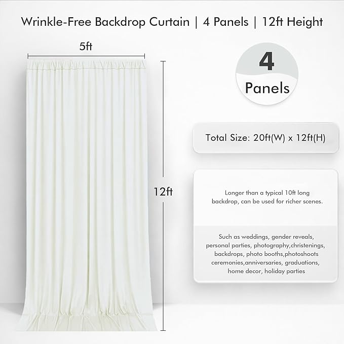 20ftx12ft Wrinkle Free Ivory Backdrop Curtain, 4 Panels 12FT Height Ivory Wedding Backdrop Drapes, Silky Polyester Back Drop Cloth for Birthday Photography Background Party Backdrop Draping