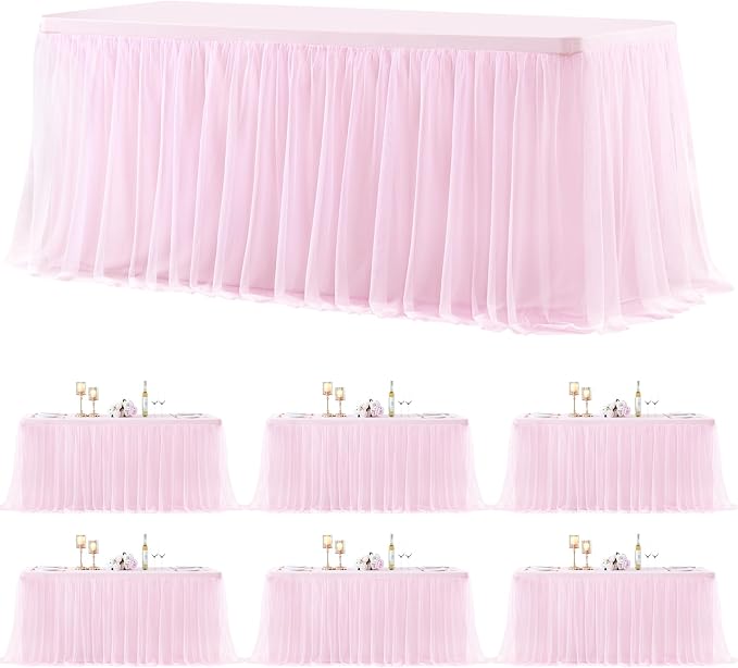 6 Pack Pink Table Cloth for 8 Foot Rectangle Tables, Pink Stretch Fitted Tulle Table Covers Skirt, Rectangular Ruffle Tutu Tablecloth Wedding Banquet Baby Shower Cake Tablecloths Decorations