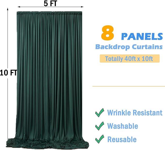 40ftx10ft Hunter Green Backdrop Curtains for Party Background, Wrinkle Free 8 Panels Silky Fabric Green Photo Backdrop Drapes Back Drop Cloth Drapery for Wedding Birthday Photography Decor