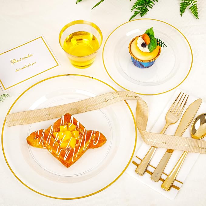 SUT 350Pcs Plastic Dinnerware Set for 50 Guests, Clear and Gold Plastic Plates, Disposable Plates and Napkins Party Supplies, Gold Silverware, Plates, Cups and Napkins Sets for Party Weddings