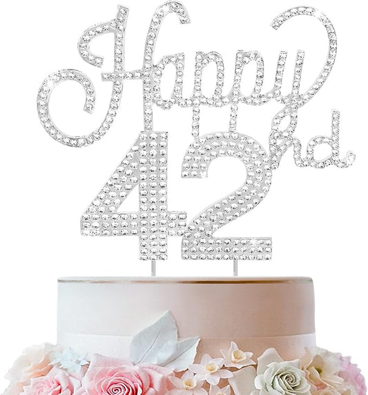 LINGTEER Happy 42nd Birthday Silver Rhinestone Cake Topper - Cheers to 42nd Birthday 42 Years Old Anniversary Party Cake Centerpieces Topper Decorations Gift Sign.