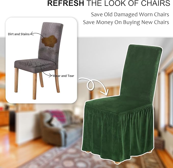 NICEEC Spandex Chair Covers for Dining Chairs Covers Set of 2 Removable Dining Room Chair Covers with Skirt Parson Chair Slipcovers Washable Chair Protector for Kitchen Wedding Party Banquet(Green)