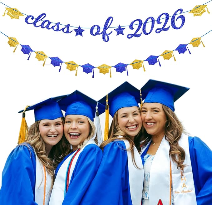 Navy-Blue Gold-White Party-Decoration Graduation Banner - 14pcs Kits Cap Garland Streamers, Royal Paper Tissue Pom Poms Flowers Fans Honeycomb,Class Of 2026 College High School Grad Decor Hugfond