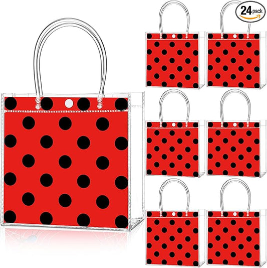 Teenyyou 24 Pcs Ladybug Party Favor Bags Clear PVC Goodie Treat Tote Gift Bags with Handles Ladybug Theme Birthday Party Supplies