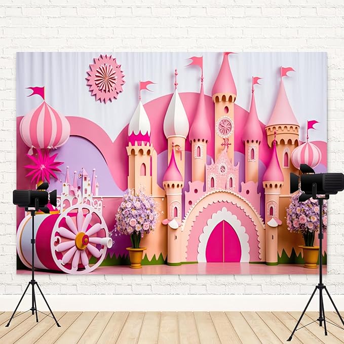 12x6ft Princess Castle Backdrop Pink Purple Floral Girl Birthday Photography Background Kids Birthdays Newborn Baby Shower Banner Decorations Wedding Party Portrait Photo Booth Prop