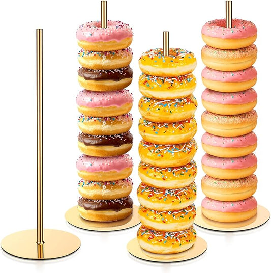 4 Pcs Metal Donut Display Stand Tower Bagel Holder Cake Stand Dessert Table Doughnut Holder Display Tower for Birthday Wedding Party and Donut Themed Party Decorations (Gold)