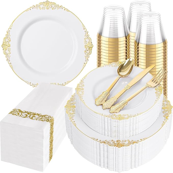 Hioasis 350pcs White and Gold Plates - White Party Plates for 50 Guest, Include 100 Heavy-duty Plates(20% Thicker Than Standard), 150 Cutlery Set, 50 Napkin, 50 Cups for Party & Wedding