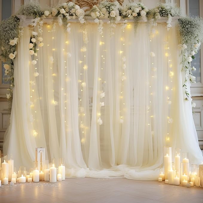 20x10ft Ivory Tulle Backdrop Curtain with Lights String for Parites, Sheer Photo Backdrop Curtains with Lights for Wedding Backdrop Ceremony Reception Bridal Shower Baby Shower Birthday Party