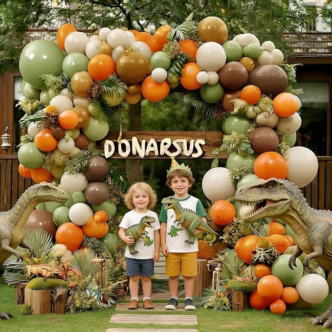 Green Brown Orange Balloon Garland Double Stuffed Sage Green White Sand Cream Balloon Arch Kit for Birthday Baby Shower Dinosaur Woodland Wild One Party Decorations