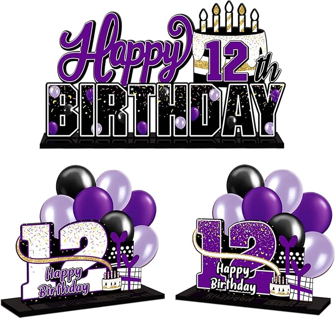 LINGTEER Happy 12th Birthday Purple Acrylic Table Topper Centerpieces Set - Cheers to Twelve Years Old Birthday 12th Bday Party Gift Decorations.