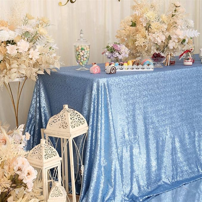 Eternal Beauty Baby Blue Tablecloth, 90x156 Inch Sequin Rectangle Table Cover for Cake Dessert Exhibition Party Birthday Events