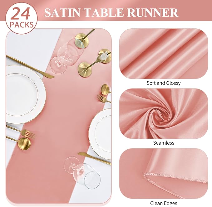 Pesonlook 24 Pack Rose Gold Satin Table Runners for Wedding 12 x 108 Inch Long Table Runners for Rectangle Round Tables, Smooth Table Runner Birthday Party Banquets Decoration