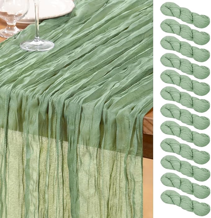 DeZerlor Sage Green Cheesecloth Table Runner 12 Pack Spring Easter Table Runners Boho Gauze 120 Inches Sage Cheese Cloth Table Decor for Wedding Bridal Baby Shower Parties