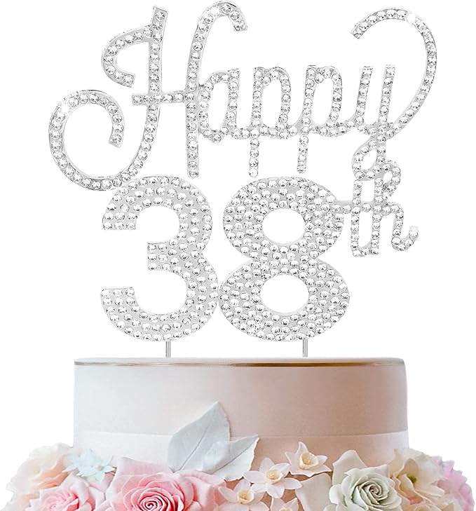 LINGTEER Happy 38th Birthday Silver Rhinestone Cake Topper - Cheers to 38th Birthday 38 Years Old Anniversary Party Cake Centerpieces Topper Decorations Gift Sign.