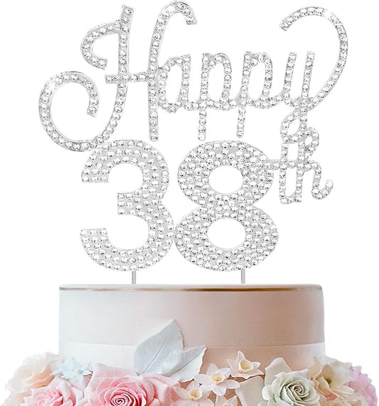 LINGTEER Happy 38th Birthday Silver Rhinestone Cake Topper - Cheers to 38th Birthday 38 Years Old Anniversary Party Cake Centerpieces Topper Decorations Gift Sign.