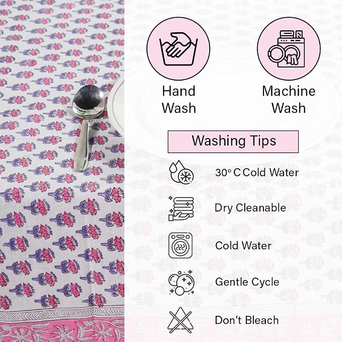 CPC Tablecloth 100% Cotton 72x190 Inch Indian Block Print Rectangle Table Cover, Pink Table Cloth for Weddings, Spring/Summer, Barbeque - Pink Sapphire