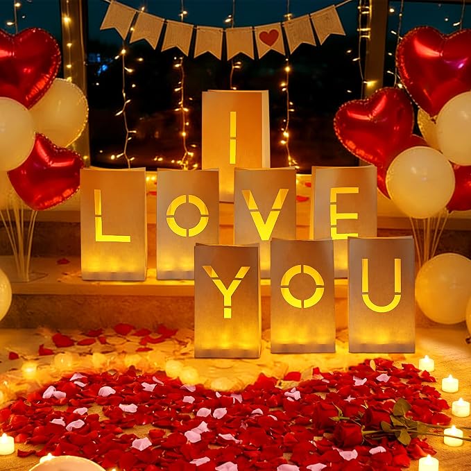 I Love You Light Up Letters, Luminary Paper Bags with LED Tea Lights Rose Petals Latex Heart Balloons for Her Valentines' Day Anniversary Wedding Proposal Decorations