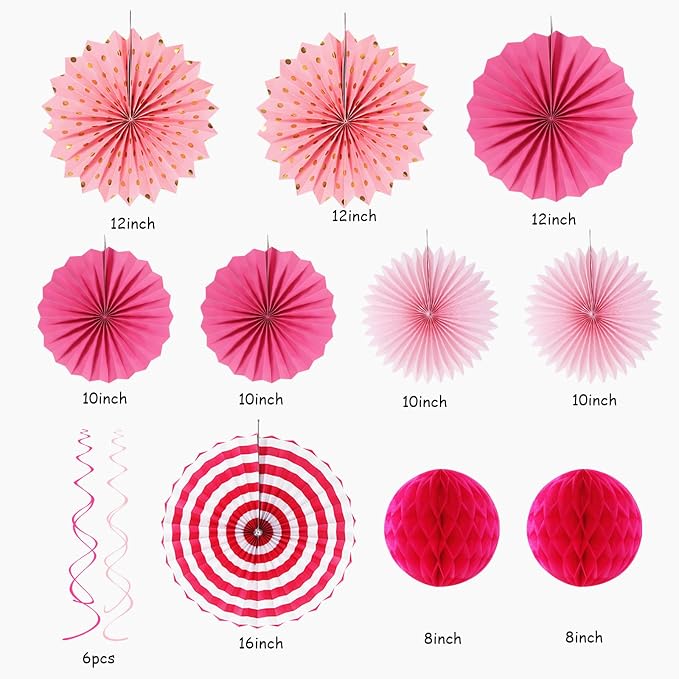 Hot-Pink Rose Red Party-Decorations - 33pcs Banner,Streamers Tassel Garland,Tissue Pom Poms Honeycomb,Paper Lanterns Fan,Birthday Wedding Bridal Baby Shower Bachelorette Engagement Decor Hugtmr