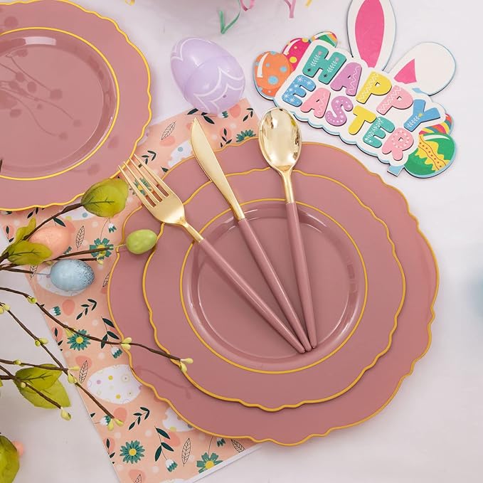 Nervure 100Pcs Mauve Pink Plastic Plates - Mauve Gold Plastic Dinnerware Sets for 20 Guests - 20 Dinner Plates, 20 Dessert Plates, 20 Forks, 20 Knives and 20 Spoons for Wedding & Party & Mother's Day