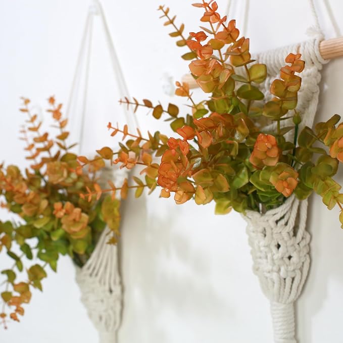 Macrame Wall Hanging Plants with LED Lights, White Cotton Rope, Wooden Dowel, Boho Woven Plant Holders with Artificial Eucalyptus Leaves, Wall Decor, Set of 2 (Orange)