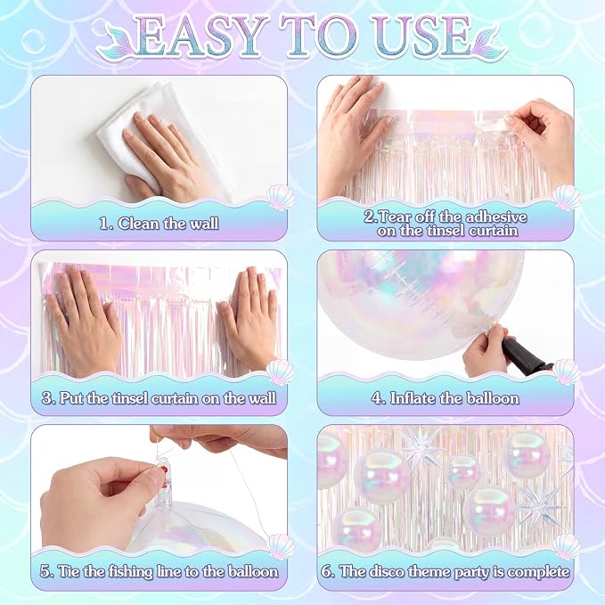Seenelling 24 Pcs Iridescent Party Decoration Set 22'' 4D Star Ball Balloons White Shiny Metallic Tinsel Foil Fringe Curtain Backdrop for Mermaid Wedding Engagement Princess Bachelorette Unicorn Party
