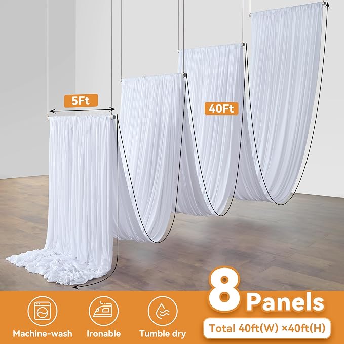 8 Panels 5x40ft White Ceiling Drapes for Wedding, Wrinkle Free Thick Polyester 40 ft Extra Long Tent Ceiling Curtains Draping Arch Drapery for Birthday Party Event Canopy Decoration