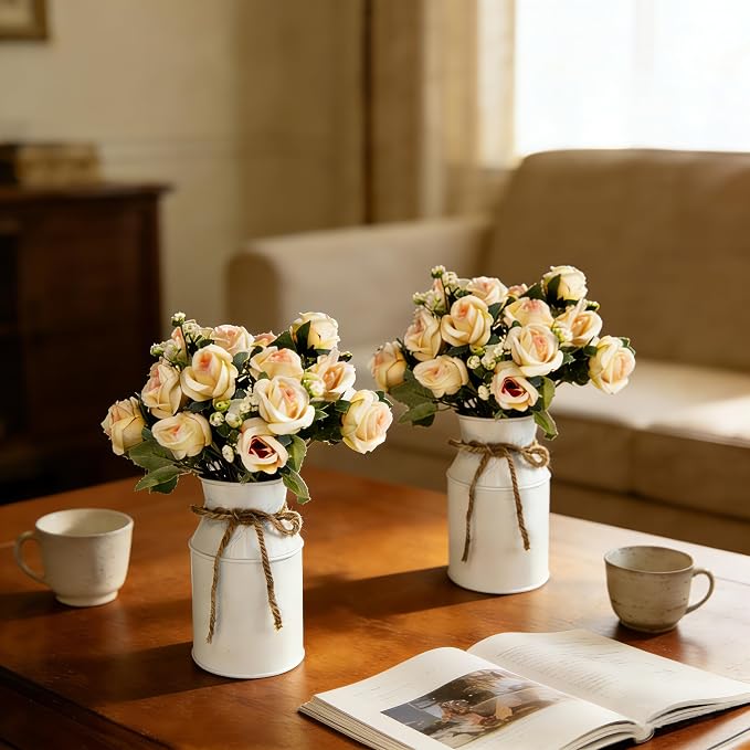 4 Sets Farmhouse Wedding Flower Centerpiece for Tables Decorations, Rustic Artificial Roses Bouquet with Metal Galvanized Vase Pot for Party Bridal Shower Event (White Vase & Champagne Roses)