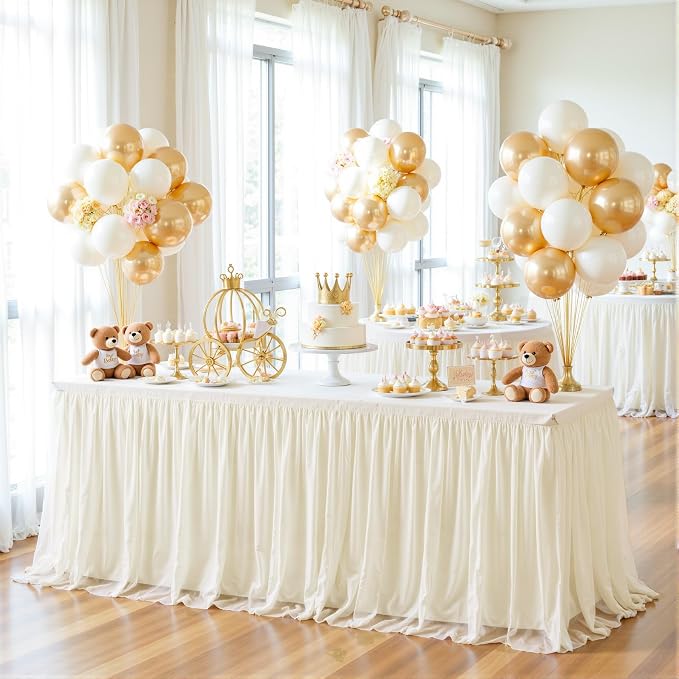 HB HBB MAGIC Ivory Table Cloth Spandex Table Covers 8ft Fitted Tulle Tablecloth Rectangular Desk Skirt Stretch Cream Table Cloths Covers Party Banquet Birthday Baby Shower Wedding Table Cloth, 2 Pack
