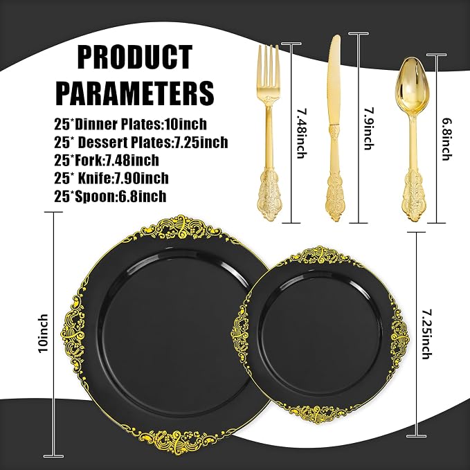 125PCS Black and Gold Plastic Plates - Black Disposable Dinnerware Set - Vintage Plastic Plates with Gold Silverware for 25 Guests for Wedding Party