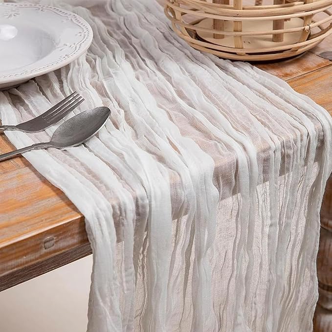 6 Pack White Cheesecloth Table Runner 21x120 Inch Boho Wrinkled Sheer Romantic Gauze Decor for Wedding, Bridal Shower, Birthday Party