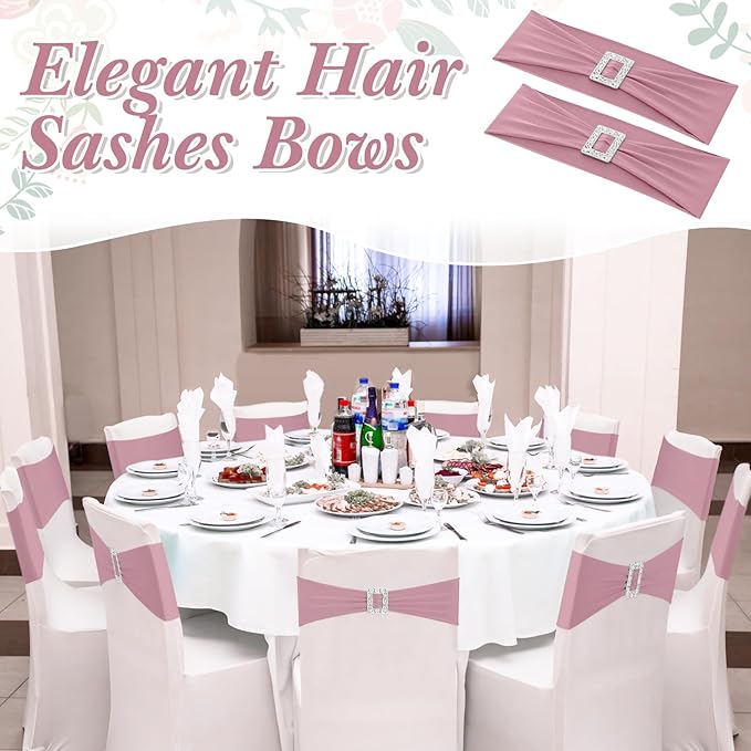 VitalCozy 100 Pcs Spandex Chair Sashes with Square Buckle Slider Stretch Chair Cover Band Universal Elastic Ties Straps Bows for Wedding Banquet Event Party Decoration(Dusty Pink)