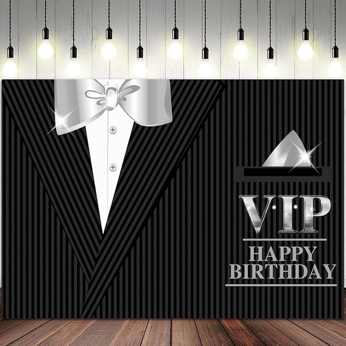 12x10ft Happy Birthday Backdrop VIP Photography Background Gentleman Black Tuxedo Suits White Shirts Silver Bow Tie Men Birthdays Party Banner Decorations Boys Kids Portrait Photo Booth Prop