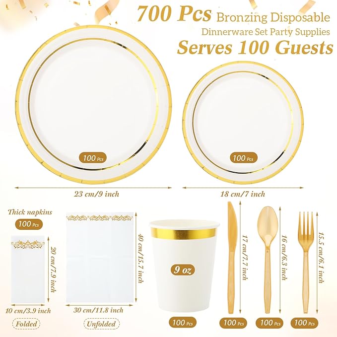 Didaey 700 Pcs Disposable Dinnerware Set for 100 Guests Include 200 Paper Plates, 300 Plastic Silverware, 100 Paper Cups, 100 Napkins for Wedding Birthday Party Supplies (White with Gold Rim)