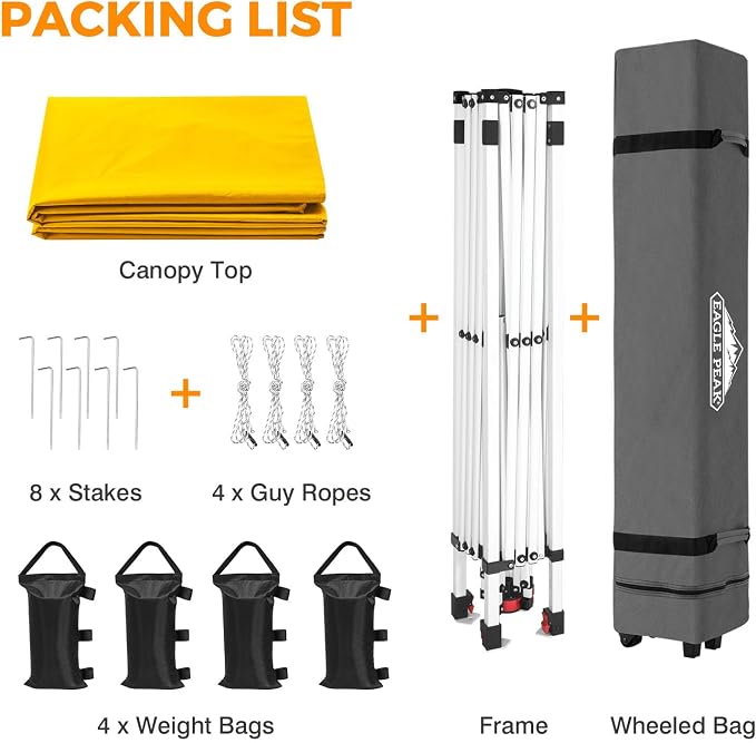 EAGLE PEAK Pop Up Canopy Tent with Wheeled Carry Bag, 8 Stakes, 4 Ropes, 4 Weight Bags, Easy Set Up Tent Canopy, 10x10 ft, 100sqft of Shade, Yellow