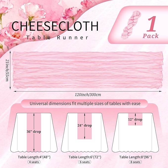 1 Pack Cheesecloth Table Runner 10FT Light Pink Table Runner Boho Gauze Cheese Cloth Table Runners Long Rustic Sheer Table Decorations for Wedding Party Baby Bridal Shower Birthday Holiday Home