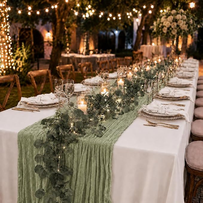Cinrobiye 11pcs Cheesecloth Table Runner Set 120 Inch – Gauze Table Runner with Napkins, Eucalyptus Garland & String Lights for Wedding Baby Shower Table Decor, Rustic Boho